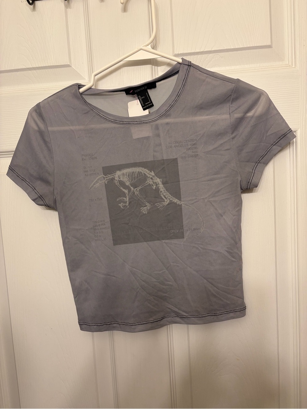 Forever 21 Gray Cropped Tee with Dinosaur Skeleton Graphic